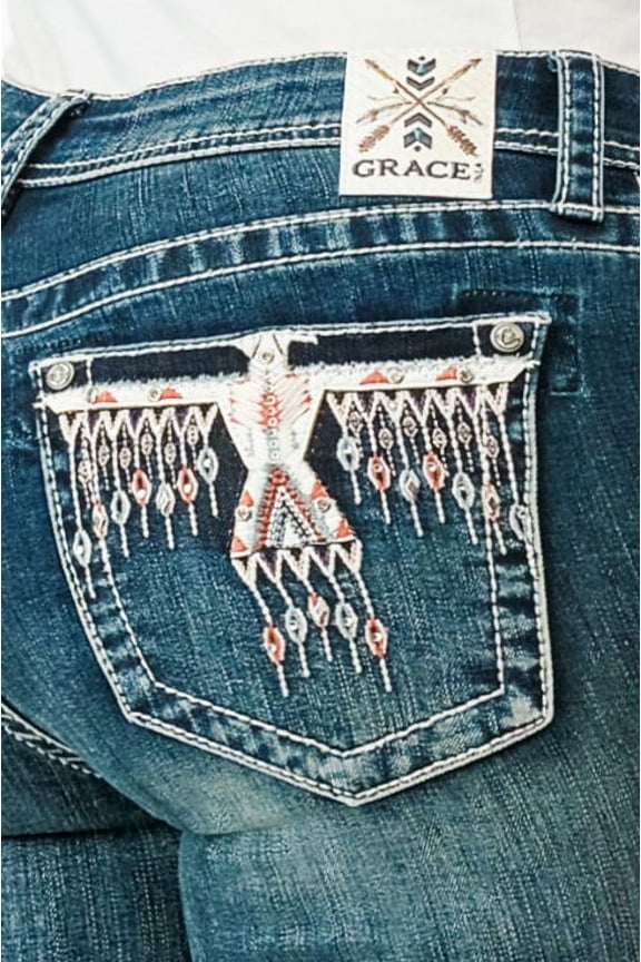 Women's Aztec Western Embroidered Stonewashed Bootcut Stretch Jeans (32, Blue Stonewashed)