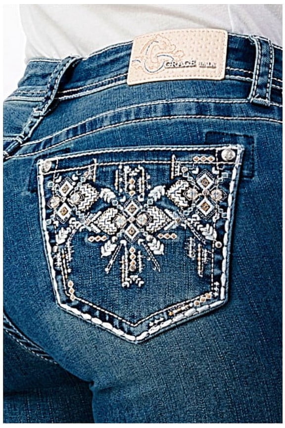 Women's Aztec Western Embroidered Stonewashed Bootcut Stretch Jeans (34, Blue Stonwashed)