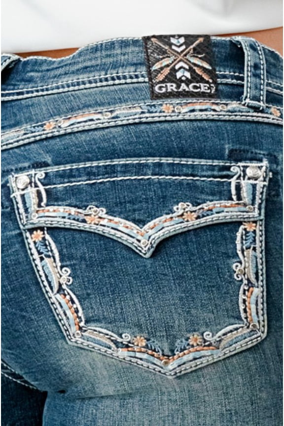 Women's Boarder Faux Embroidered Pocket Stretch Bootcut Jeans (29, Blue)