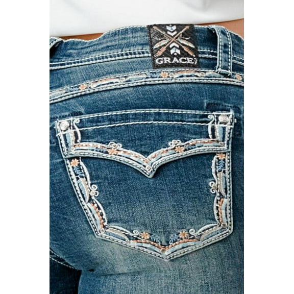 Grace in LA Women's Boarder Faux Embroidered Pocket Stretch Bootcut Jeans (32, Blue)
