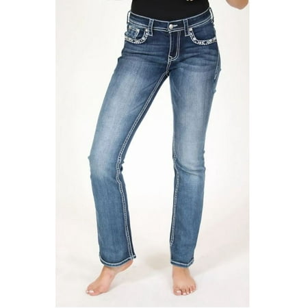 Grace in LA Women's Border Embroidered Flap Pocket Junior Fit Bootcut Stretch Jeans (27)