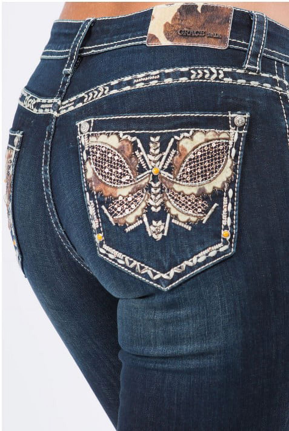 Grace in LA Women's Butterfly Embellished Pockets Bootcut Stretch Jeans (27)