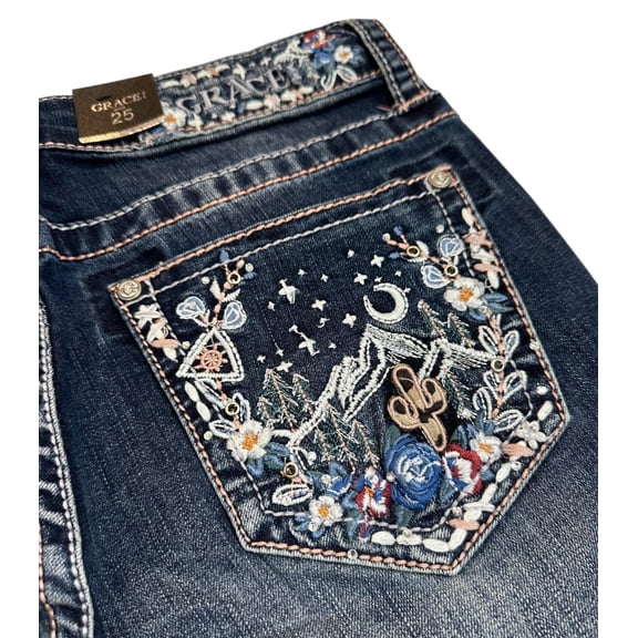 Grace in LA Women's Cactus Floral Embroidered Bootcut Stretch Jeans (25, Blue)