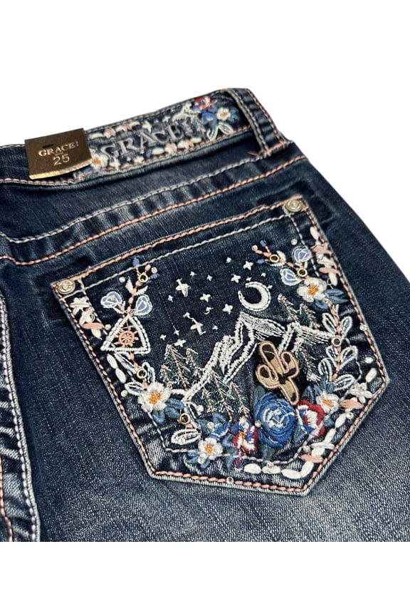 Women's Cactus Floral Embroidered Bootcut Stretch Jeans (34, Blue)