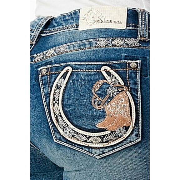 Grace in LA Women's Cowboy Boots Horseshoe Embroidered Pocket Bootcut Jeans (28, Blue)