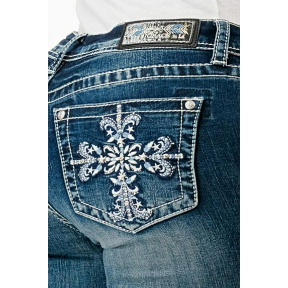 Grace In La Women's Medium Wash Mid Rise Cross Embroidered Stretch Bootcut Jeans - EBS675 25W x 34L