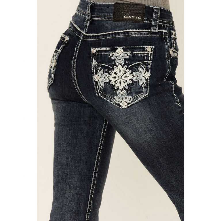 Grace in LA Women\'s Cross Embroidered Embellished Pockets Bootcut Stretch  Jeans (26)
