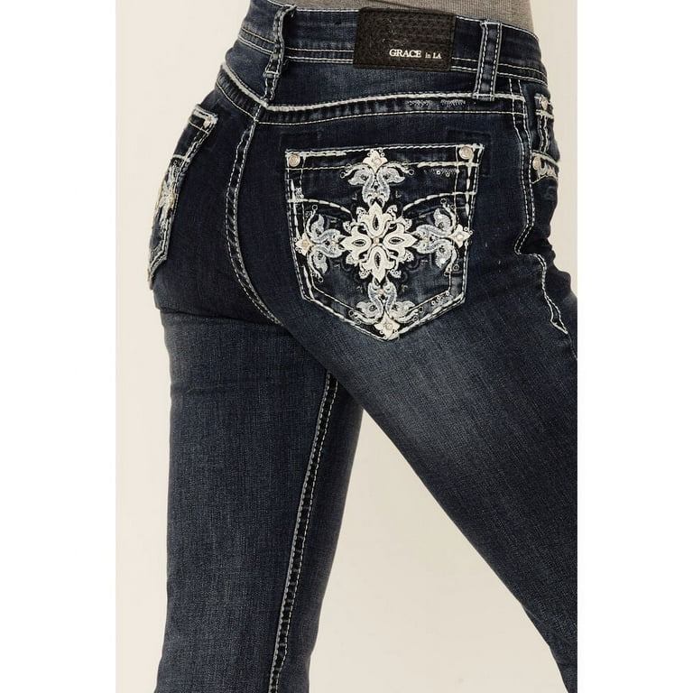 Grace in LA Women s Cross Embroidered Embellished Pockets Bootcut