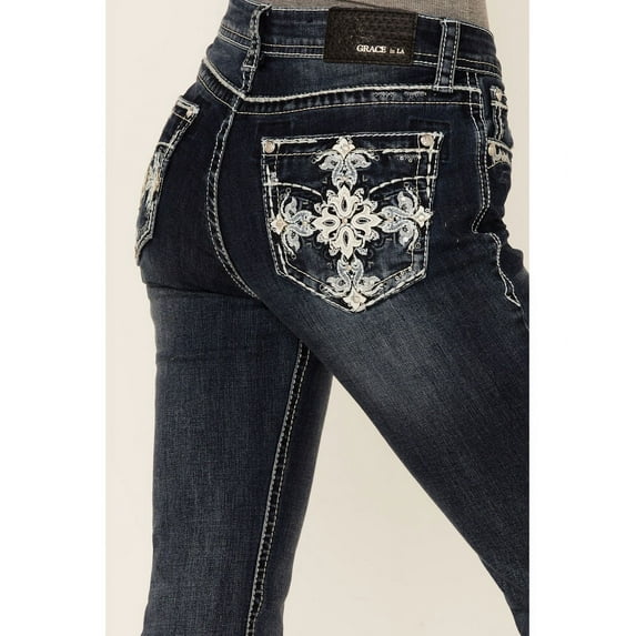 Grace in LA Women's Cross Embroidered Embellished Pockets Bootcut Stretch Jeans (27)
