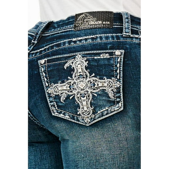 Grace in LA Women's Cross Embroidered Rhinestones Stretch Bootcut Jeans (25, Blue)