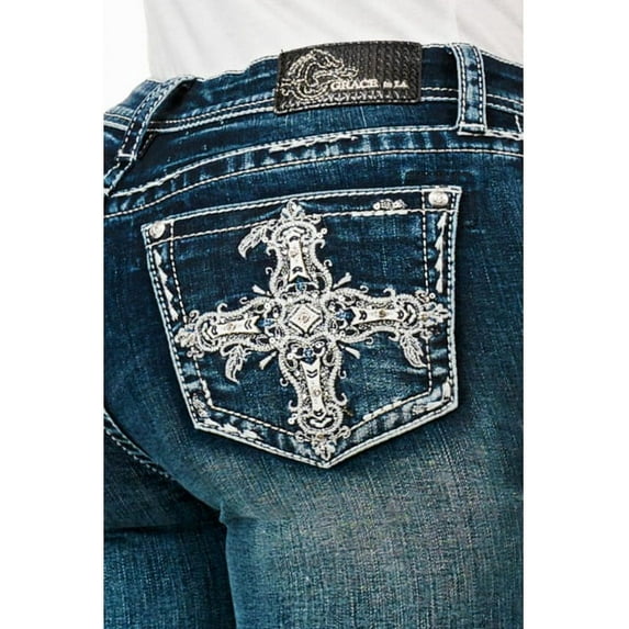 Grace in LA Women's Cross Embroidered Rhinestones Stretch Bootcut Jeans (25, Blue)
