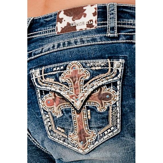 Grace in LA Women's Cross Faux Flap Pocket Embellished Bootcut Stretch Jeans (25, Blue Stonewashed)
