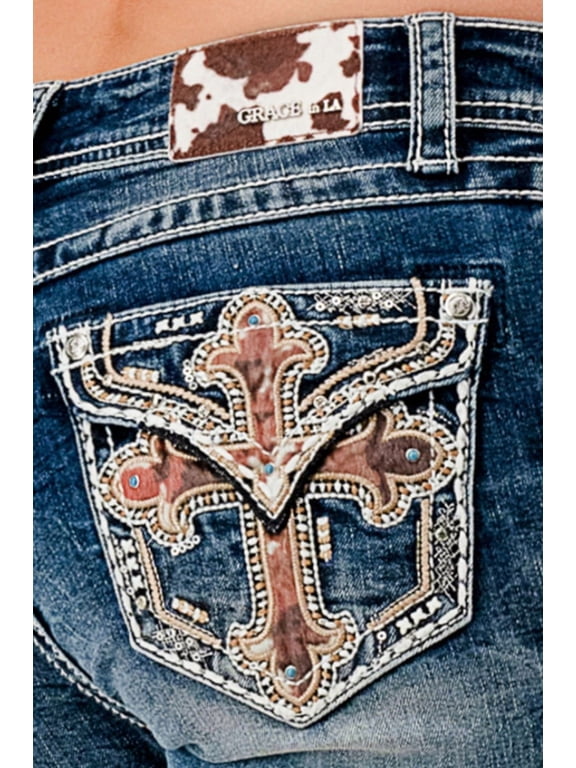 Women's Cross Faux Flap Pocket Embellished Bootcut Stretch Jeans (26, Blue Stonewashed)
