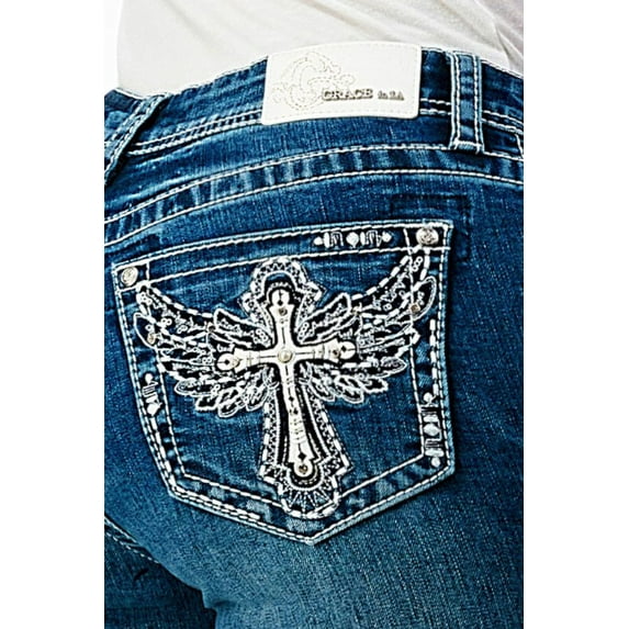 Grace in LA Women's Cross Wing Embroidered Distressed Stretch Bootcut Jeans (25, Blue)