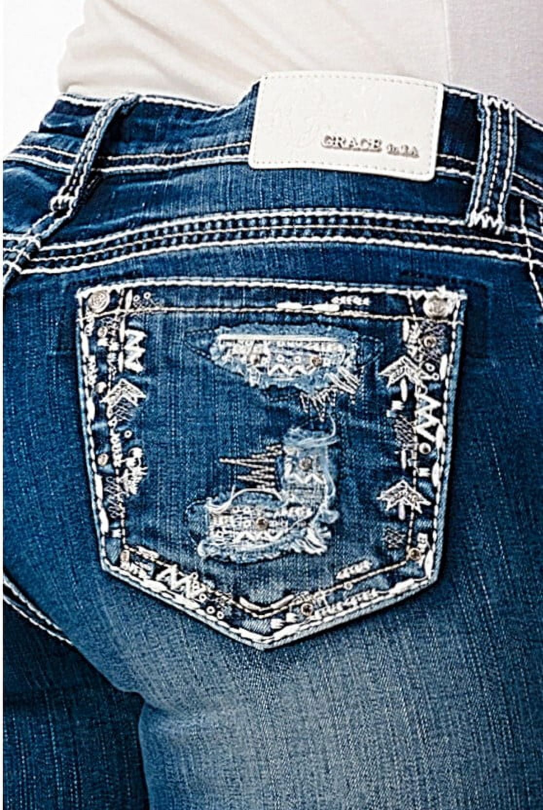 Grace in LA Women's Embroidered Border Distressed Pocket Bootcut ...