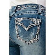 Grace in LA Womens Embroidered Border Flap Distressed Pocket Bootcut Stretch Jeans 25