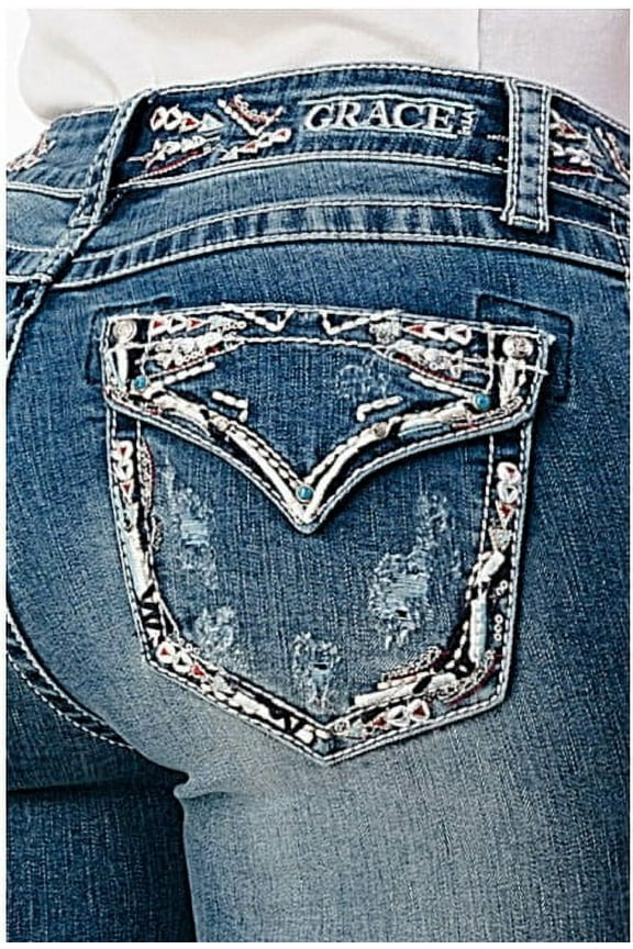 Women's Embroidered Border Flap Distressed Pocket Bootcut Stretch Jeans (25)
