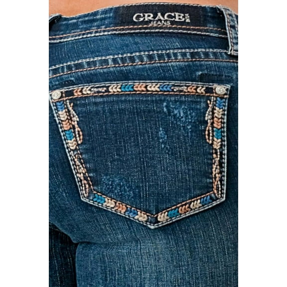 Grace in LA Women's Embroidered Border Pocket Stonewashed Bootcut Stretch Jeans (32, Blue)