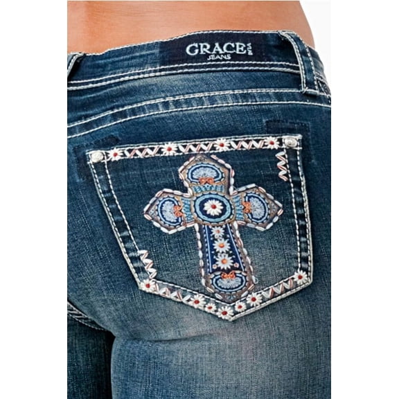 Grace in LA Women's Embroidered Cross Daisy Flower Bootcut Stretch Jeans (31, Blue Stonewash)