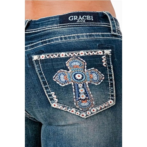 Grace in LA Women's Embroidered Cross Daisy Flower Bootcut Stretch Jeans (34, Blue Stonewash)