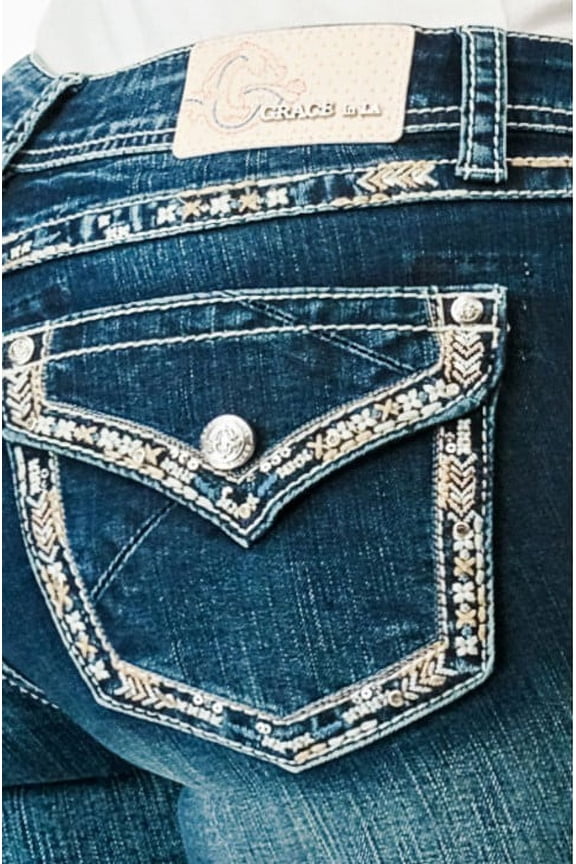 Women's Embroidered Faux Pocket Embellish Stonewashed Bootcut Jeans (32, Blue Stonewashed)
