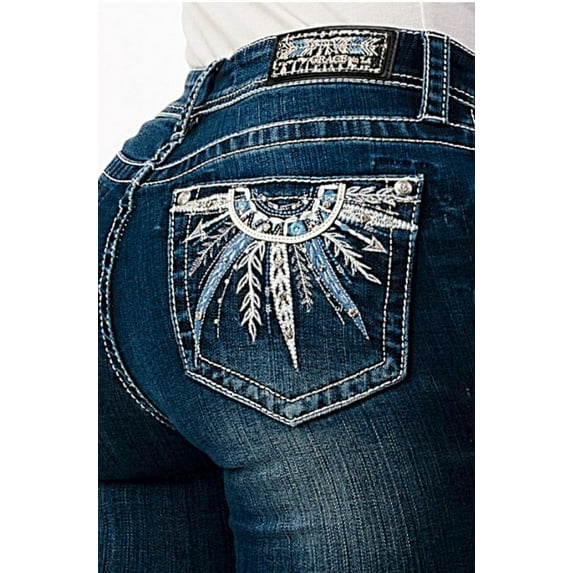 Grace in LA Women's Embroidered Feather Embellished Skinny Fit Stretch Jeans (28)