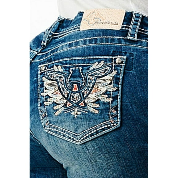 Grace in LA Women's Embroidered Pastel Wing Bootcut Stretch Jeans (28, Blue)