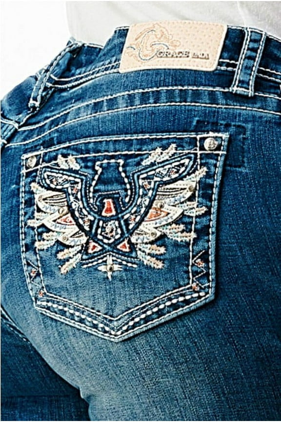 Women's Embroidered Pastel Wing Bootcut Stretch Jeans (32, Blue)