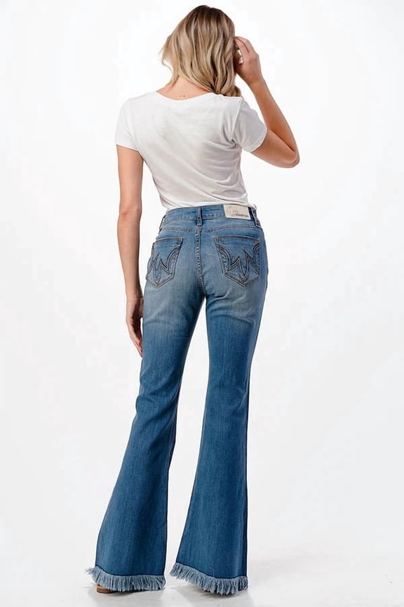 Women's Embroidered Raw Hem Flared Wide Leg Bell Bottom Jeans (28, Blue)