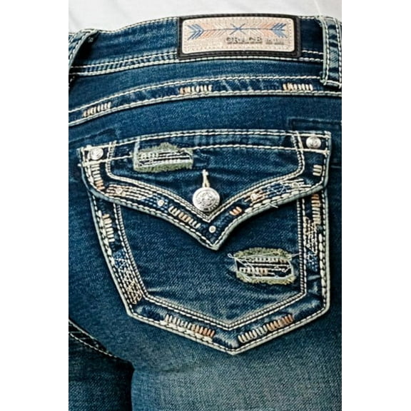 Grace in LA Women's Faux Button Flap Pockets Embroidered Stretch Bootcut Jeans (25, Blue)