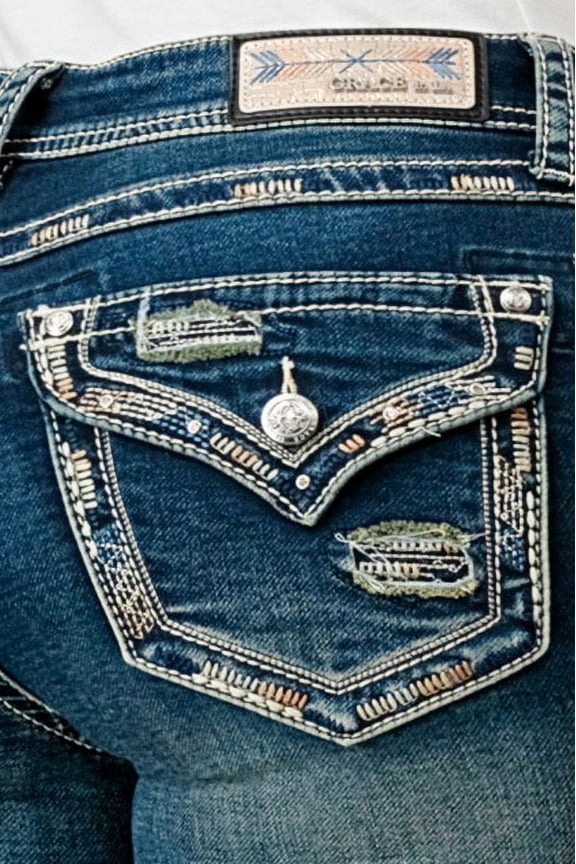 Women's Faux Button Flap Pockets Embroidered Stretch Bootcut Jeans (32, Blue)