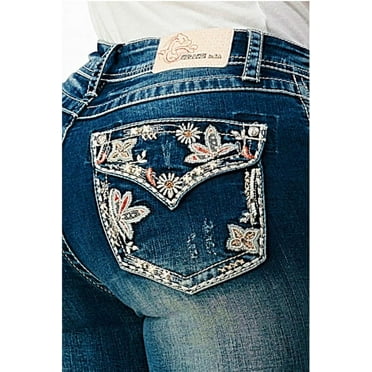 Grace in LA Women's Faux Flap Pocket Floral Embroidered Distressed Stretch Bootcut Jeans (25, Blue Stonewashed)