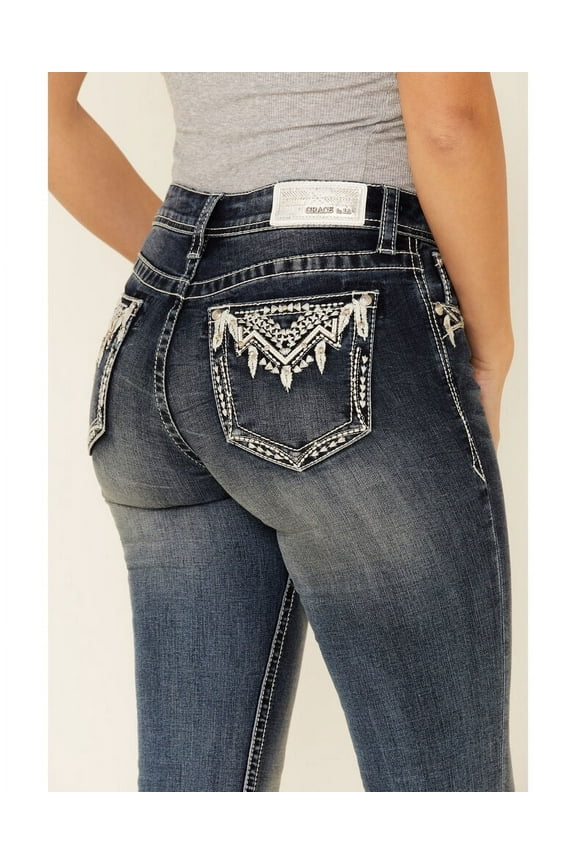 Women's Feather Aztec Embroidered Embellished Bootcut Stretch Jeans (25)