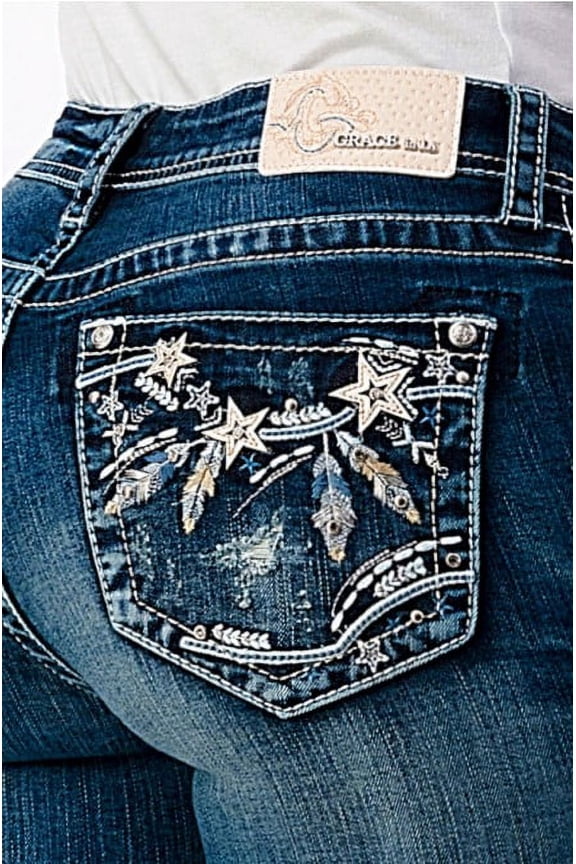 Women's Feather & Star Embroidered Distressed Bootcut Stretch Jeans (30)