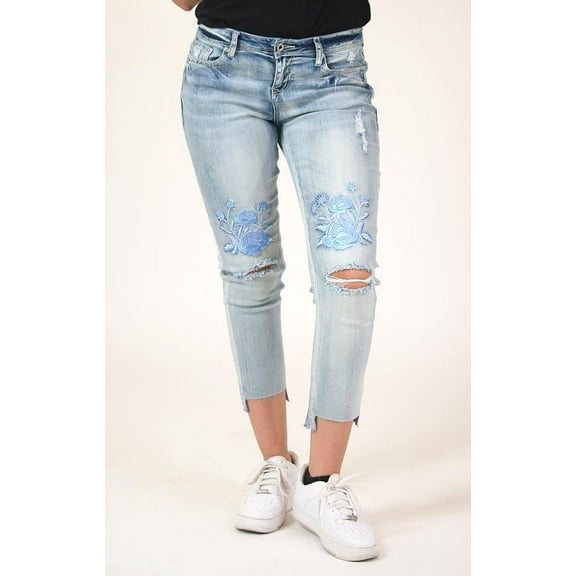 Grace in LA Women's Floral Embroidered Boyfriend Fit Stretch Jeans (26)
