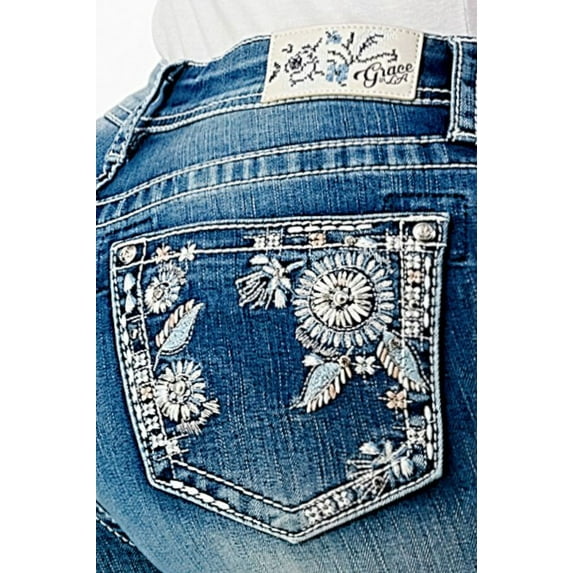 Grace in LA Women's Floral Embroidered Pockets Distressed Bootcut Stretch Jeans (29, Blue)