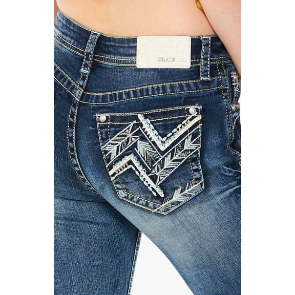 Grace in LA Women's Geometric Embroidered Embellished Bootcut Stretch Jeans (25, Blue)