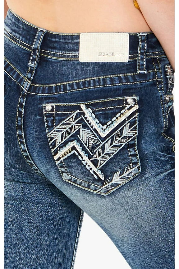 Women's Geometric Embroidered Embellished Bootcut Stretch Jeans (25, Blue)