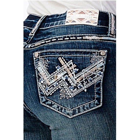 Grace in LA Women's Heavy Embroidered Stitch Pocket Bootcut Stretch Jeans (27, Blue)
