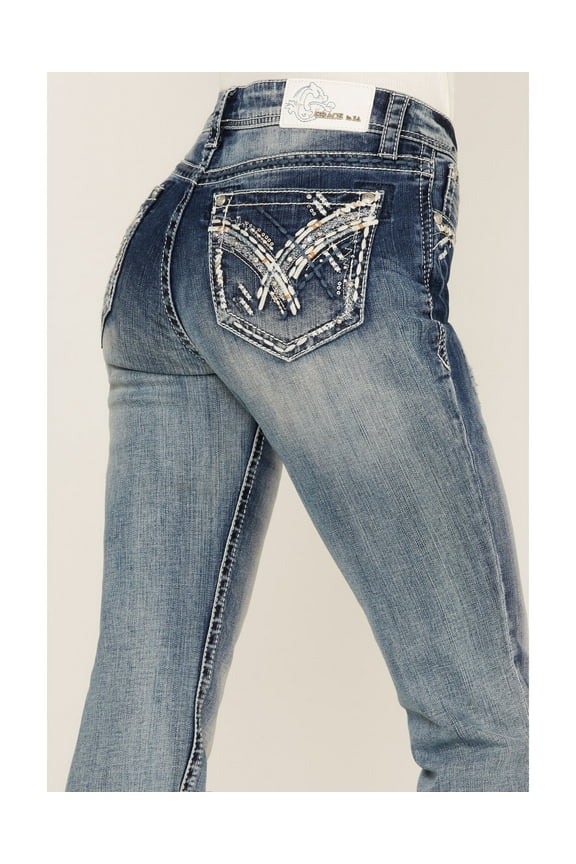 Women's Heavy Embroidered Stitch Pocket Distressed Bootcut Stretch Jeans (27)