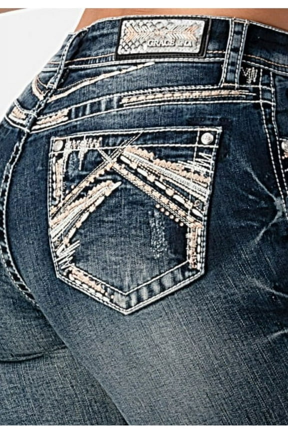 Women's Heavy Embroidered Stitch Pocket Distressed Bootcut Stretch Jeans (28, Blue)