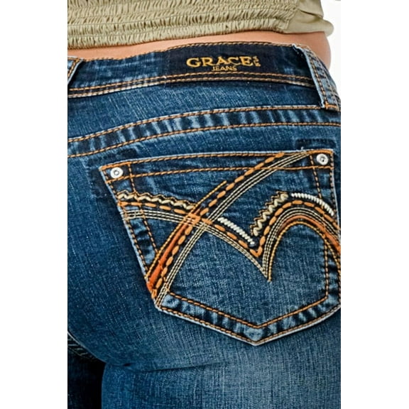 Grace in LA Women's Heavy Stitch Embroidered Pockets Stretch Bootcut Jeans (26, Blue)