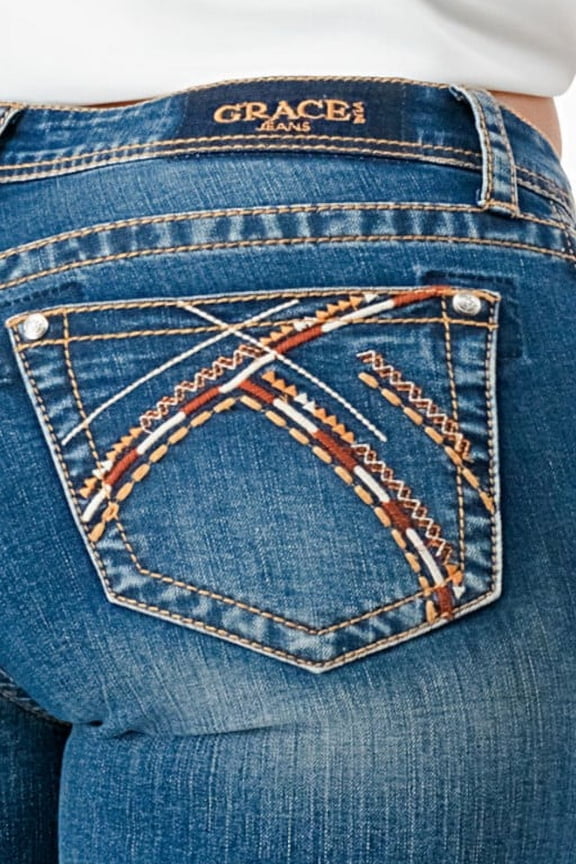 Women's Heavy Stitching Embroidered Pockets Distressed Bootcut Jeans (29, Blue Stonewashed)