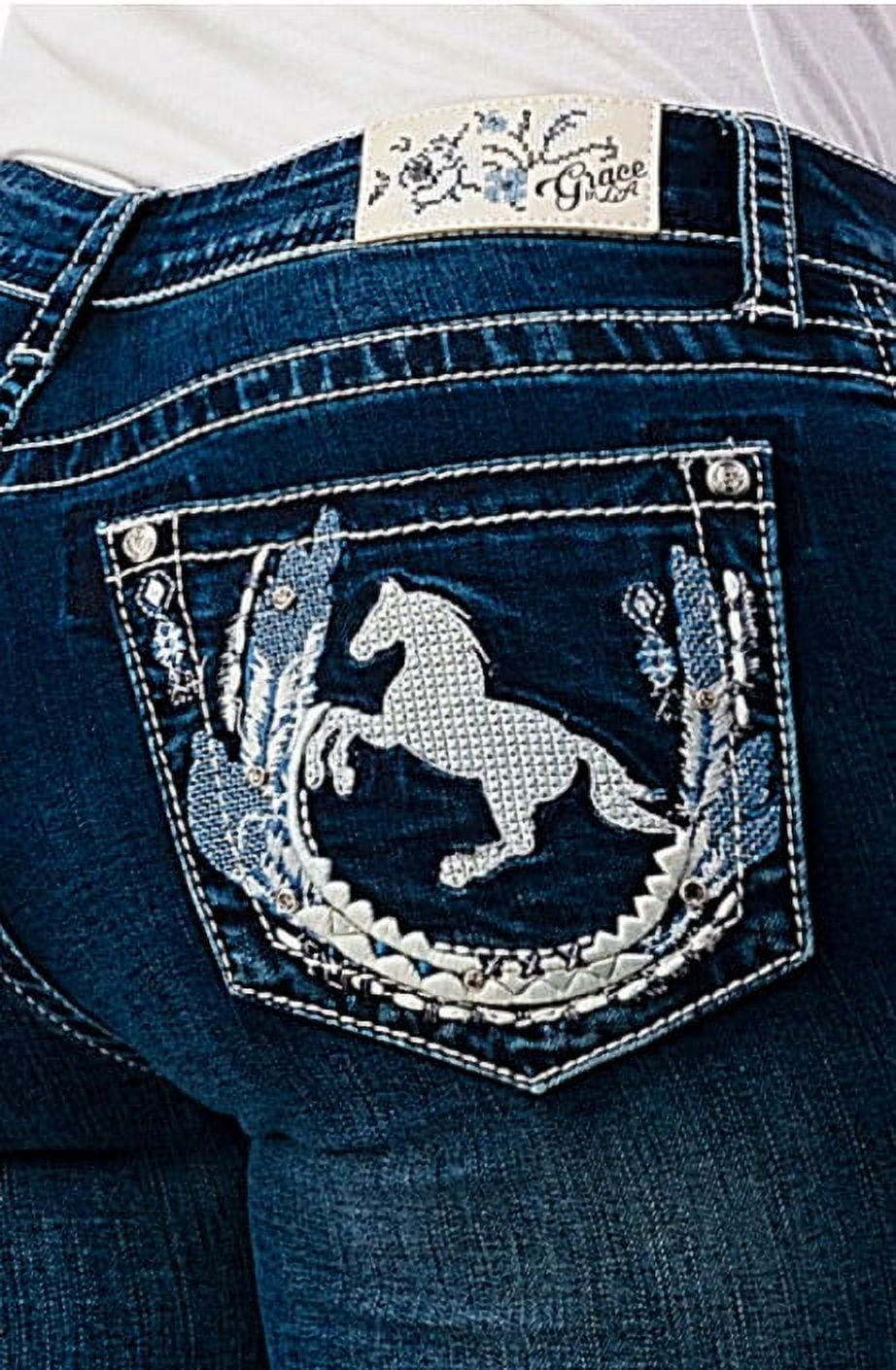 Grace in LA Women's Horse Embroidered Embellished Pocket Bootcut