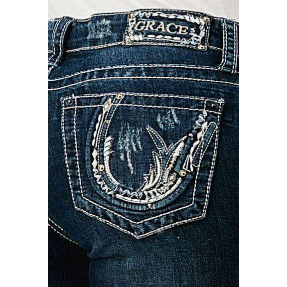 Grace in LA Women's Horseshoe Embroidered Distessed Pocket Bootcut Stretch Jeans (29, Blue)
