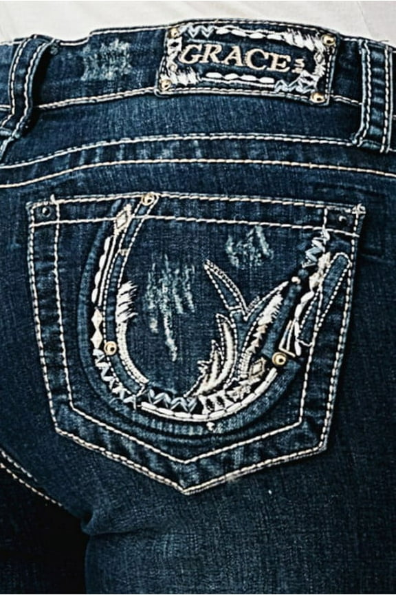 Women's Horseshoe Embroidered Distessed Pocket Bootcut Stretch Jeans (29, Blue)