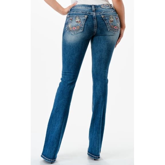 Grace in LA Women's Horseshoe Floral Embroidered Bootcut Stretch Jeans (25, Blue)