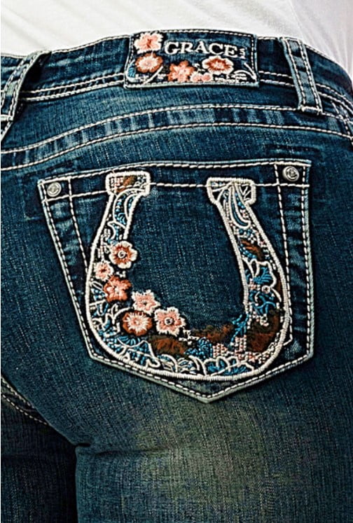 Grace in LA Women's Horseshoe Floral Embroidered Pocket Bootcut Stretch