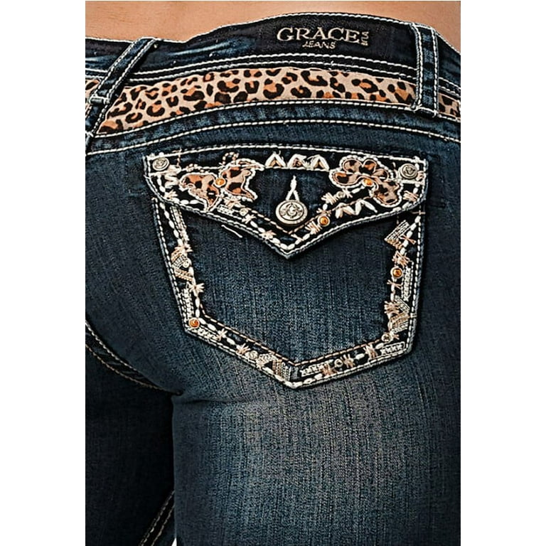 Grace in LA Women's Leopard Embellished Flap Pockets Bootcut Stretch Jeans  (27)