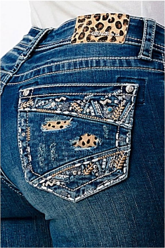 Women's Leopard Insert Embroidered Distressted Bootcut Stretch Jeans (28)